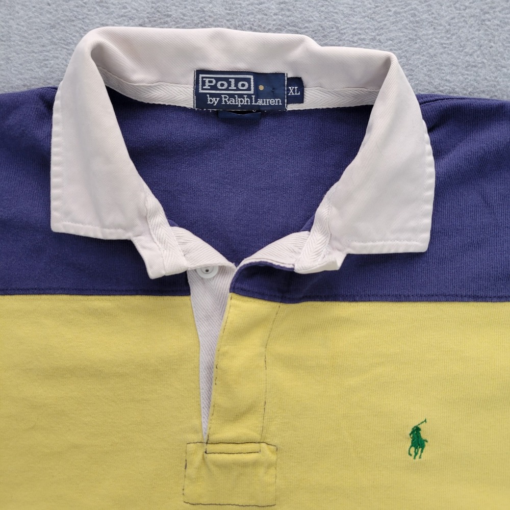 Polo Ralph Lauren Rugby Shirt Mens XL Blue Yellow Striped Elbow Patches Vintage - Picture 3 of 14
